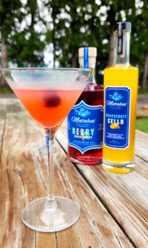 Berry Gin Kiss cocktail in a martini glass garnished with a berry